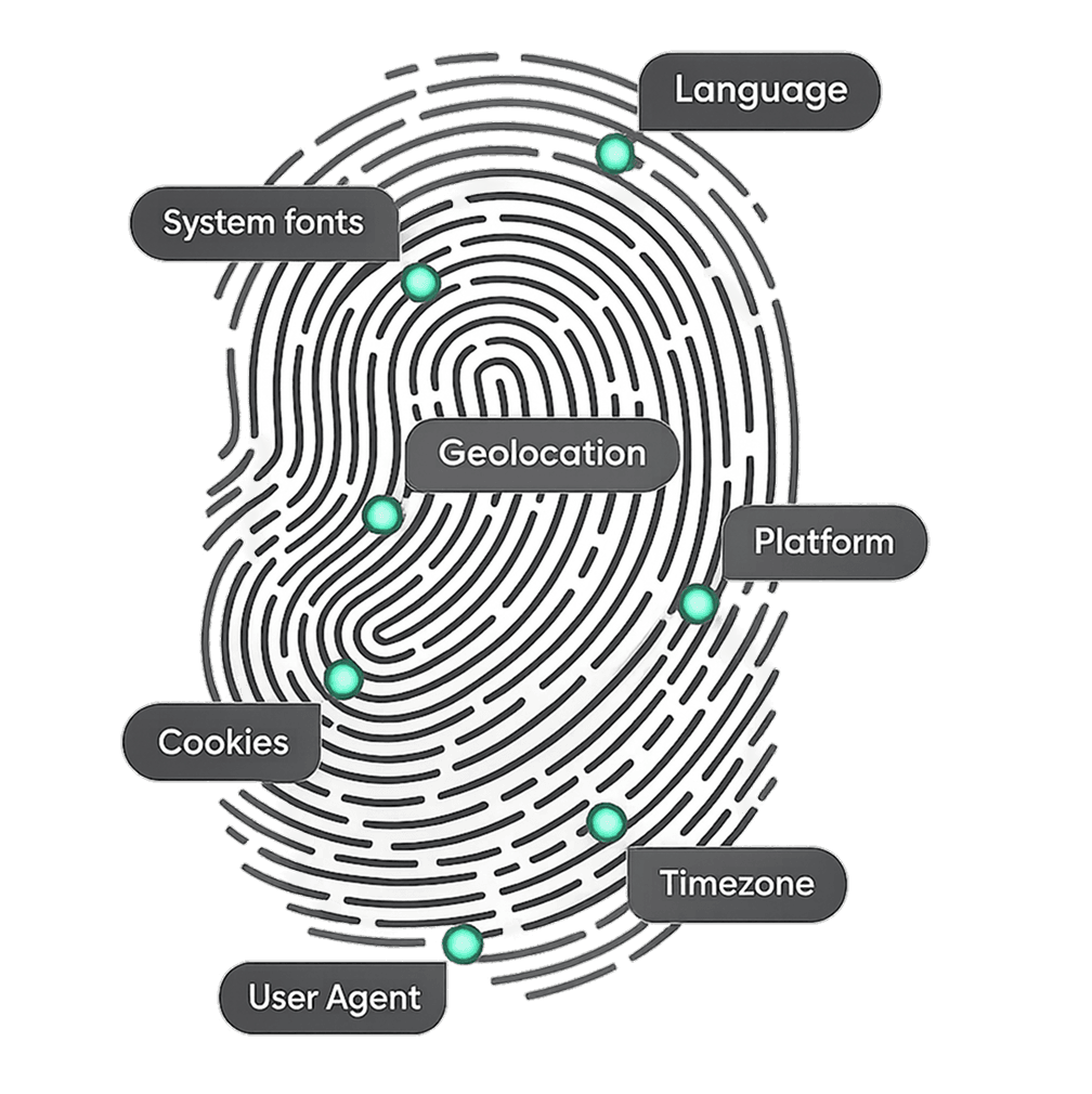 Diagram of browser fingerprint signals used for profile management